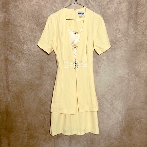 Vintage 90s Wayne Diamond Pale Yellow Layered Shift Dress Button Up Satin Retro - Picture 3 of 10